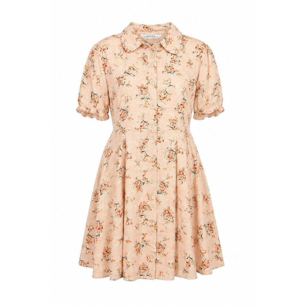 ZARA Woman Floral Button Front Dress Size L Peach Short Sleeve Cottagecore